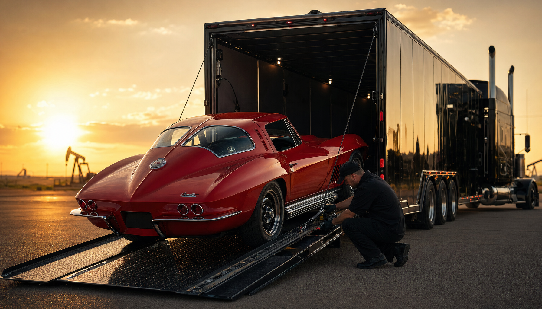 1967 Corvette being loaded onto an Iron Cowboy auto transport trailer at golden hour
